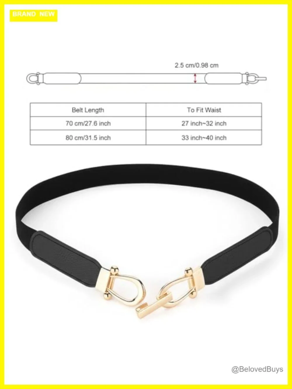 2 Pcs Elastic Stretch Skinny Belts for Women with Gold Buckles, Faux Leather